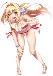  :d absurdres ahoge anklet arm_support ass_visible_through_thighs bare_shoulders bow breasts cleavage collarbone eyebrows_visible_through_hair fate/grand_order fate_(series) hair_bow hair_intakes halterneck highres jewelry kujuu_shikuro large_breasts leaning_forward navel nero_claudius_(fate)_(all) nero_claudius_(swimsuit_caster)_(fate) open_mouth sandals smile solo swimsuit white_background white_bow 