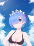  :t bangs bare_arms bare_shoulders bikini black_bikini blue_sky blunt_bangs blush breasts closed_mouth cloud commentary_request day eyebrows_visible_through_hair eyes_visible_through_hair hair_over_one_eye halterneck head_tilt highres looking_at_viewer maid_headdress medium_breasts outdoors pout re:zero_kara_hajimeru_isekai_seikatsu rem_(re:zero) sky solo swimsuit upper_body weill 