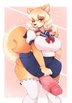  2018 anthro big_penis blonde_hair breasts canine clothed clothing dickgirl dog hair hi_res humanoid_penis hyper intersex legwear mammal nipple_bulge one_eye_closed penis pigtails precum secretly_saucy shiba_inu solo vein voluptuous 