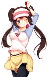  arms_up bangs belly_peek black_legwear blue_eyes blush breasts brown_hair closed_mouth collarbone cowboy_shot double_bun hair_tie happy hat highres holding holding_poke_ball long_hair maremay0513 medium_breasts mei_(pokemon) midriff_peek multicolored_shirt navel one_eye_closed pantyhose pink_hat poke_ball poke_ball_(generic) poke_ball_symbol poke_ball_theme pokemon pokemon_(game) pokemon_bw shirt shorts simple_background smile solo standing tied_hair twintails visor_cap watch white_background wristwatch yellow_shorts 