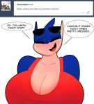  2018 amphibian anthro big_breasts blush breasts capdocks cleavage clothed clothing dress eyes_closed eyewear female greninja huge_breasts nintendo open_mouth pok&eacute;mon pok&eacute;mon_(species) raijin_(capdocks) red_dress simple_background smile solo speech_bubble sunglasses text video_games white_background 