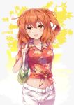  :d bangs belt belt_buckle blush breasts buckle collarbone commentary_request eyebrows_visible_through_hair fate/grand_order fate_(series) floral_print front-tie_top fujimaru_ritsuka_(female) fuuna hair_between_eyes hair_ornament hair_scrunchie hawaiian_shirt head_tilt looking_at_viewer medium_breasts midriff one_side_up open_mouth orange_eyes orange_shirt print_shirt red_eyes scrunchie shirt shorts smile solo tied_shirt tropical_summer white_belt white_shorts yellow_scrunchie 