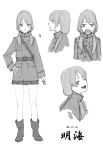  :d absurdres ankle_boots boots breast_pocket expressions eyebrows_visible_through_hair girls_und_panzer greyscale hand_on_hip highres jacket long_sleeves low_twintails military military_uniform monochrome one_eye_closed open_mouth original pocket simple_background skirt smile standing translation_request twintails uniform white_background zennosuke 