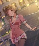 blush breasts brown_eyes brown_hair brown_legwear cleavage closed_mouth collarbone cowboy_shot earrings idolmaster idolmaster_million_live! jewelry kamille_(vcx68) large_breasts looking_at_viewer medium_hair momose_rio necklace pantyhose smile solo 