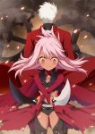  1girl archer back-to-back blush cape chloe_von_einzbern commentary crossed_arms dark_skin dual_wielding eyebrows_visible_through_hair fate/kaleid_liner_prisma_illya fate/stay_night fate_(series) floating_hair gears hair_between_eyes highres holding kanshou_&amp;_bakuya looking_at_viewer morokoshi_(tekku) pink_hair red_cape smile sword unlimited_blade_works v-shaped_eyebrows waist_cape weapon white_hair yellow_eyes 