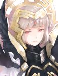  armor black_armor black_gloves closed_mouth commentary_request crown fire_emblem fire_emblem_heroes gloves grey_hair hair_ornament highres long_hair qumaoto red_eyes solo veronica_(fire_emblem) 