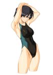  amagami arikawa arms_behind_head arms_up black_eyes black_hair black_swimsuit breasts cameltoe competition_swimsuit cowboy_shot cropped_legs medium_breasts one-piece_swimsuit ponytail simple_background smile solo swimsuit tsukahara_hibiki white_background 