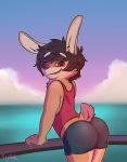  2018 anthro blush boat butt clothed clothing detailed_background digital_media_(artwork) girly hair lagomorph looking_at_viewer male mammal rabbit shirt shorts skymafia smile solo standing tank_top vehicle 