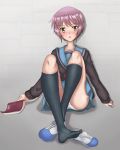  1girl bangs blue_skirt blush bob_cut brown_shirt feet highres kazhafei kneehighs looking_away nagato_yuki open_mouth panties pantyshot pantyshot_(sitting) purple_hair red_ribbon ribbon sailor_suit school_uniform serafuku shirt shoes shoes_removed sitting skirt stockings suzumiya_haruhi_no_yuuutsu underwear yellow_eyes 