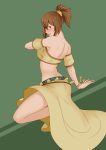  1girl arabian_clothes back blush bracelet breasts brown_hair dancer dancing female full_body green_background green_eyes highres jewelry large_breasts lips long_skirt looking_at_viewer looking_back midriff octopath_traveler oo_sebastian_oo parted_lips ponytail revealing_clothes short_hair skirt smile solo strapless tressa_(octopath_traveler) tubetop 