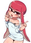  absurdres bare_shoulders blush bra_strap breasts domino_mask eyebrows_visible_through_hair fang half-closed_eyes highres inkling lkll looking_at_viewer mask off_shoulder open_mouth red_eyes red_hair sidelocks small_breasts solo splatoon_(series) strap_pull sweater tentacle_hair 