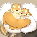  &lt;3 2018 anthro band-aid bandage belly black_nose blush bungo_(熊翔午) canine clothed clothing digital_media_(artwork) duo eye_contact eyebrows father father_and_son fur happy hug kemono male male/male mammal monta_(熊翔午) obese one_eye_closed open_mouth overweight overweight_male parent shirt smile son tank_top teeth thick_eyebrows tongue wink yellow_fur 熊翔午 