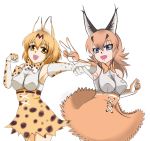  :d animal_ears belt blonde_hair blue_eyes bow bowtie brown_gloves brown_hair brown_neckwear brown_skirt caracal_(kemono_friends) caracal_ears commentary_request cross-laced_clothes elbow_gloves extra_ears eyebrows_visible_through_hair gloves hair_between_eyes hand_up high-waist_skirt impossible_clothes impossible_shirt kemono_friends long_hair multiple_girls open_mouth outstretched_arm print_gloves print_neckwear print_skirt saijouji_reika serval_(kemono_friends) serval_ears serval_print shirt simple_background skirt sleeveless sleeveless_shirt smile spotted_hair v white_background white_belt white_gloves yellow_eyes yellow_gloves yellow_neckwear yellow_skirt 