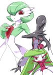  3girls closed_mouth collarbone creatures_(company) female flat_chest game_freak gardevoir gen_3_pokemon gen_7_pokemon green_hair green_skin hair_over_one_eye half-closed_eyes hand_on_own_chest hand_up long_hair looking_at_viewer multiple_girls nayou_ta_zuoji nintendo no_humans pokemon pokemon_(creature) purple_eyes purple_sclera red_eyes salazzle shiny shiny_hair shiny_skin short_hair simple_background sketch tsareena two-tone_skin white_background white_skin 