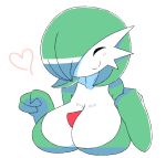  1girl blush breasts clenched_hands collarbone creatures_(company) eyes_closed female game_freak gardevoir gen_3_pokemon green_hair green_skin hair_over_one_eye hands_up happy heart huge_breasts light_blush love-box-f nintendo no_humans pokemon pokemon_(creature) shiny shiny_hair short_hair simple_background smile solo two-tone_skin upper_body white_background white_skin 