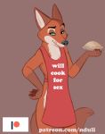  2018 apron black_nose canine clothing disney eyebrows food fox fur green_eyes looking_at_viewer male mammal mostly_nude nduli nick_wilde pie pose red_fur solo tongue tongue_out zootopia 