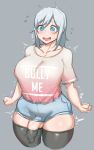  aqua_eyes black_legwear blue_shorts blush breasts clenched_hands clothes_writing collarbone commentary curvy cutoffs denim denim_shorts embarrassed english english_commentary flying_sweatdrops futanari high-waist_shorts highres large_breasts large_penis micro_shorts natedecock open_mouth original penis penis_in_thighhigh pink_shirt plump sagging_breasts shirt shirt_tucked_in short_hair short_sleeves shorts silver_hair standing sweat thick_thighs thighhighs thighs trembling uncensored veins veiny_penis wavy_mouth 