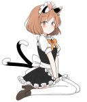  alternate_costume animal_ears apron between_legs blush brown_footwear brown_hair cat_ears cat_tail chen commentary dress ear_piercing enmaided eyebrows_visible_through_hair frilled_dress frills full_body hand_between_legs looking_to_the_side maid maid_apron maid_headdress multiple_tails nekomata orange_ribbon piercing ribbon shiisuu_rattamu short_hair simple_background sitting solo tail thighhighs touhou two_tails v_arms wariza white_background 