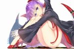  bangs bb_(fate)_(all) bb_(swimsuit_mooncancer)_(fate) blush breasts cape closed_mouth detached_collar eyebrows_visible_through_hair fate/grand_order fate_(series) full_body gloves hair_ribbon hato_haru high_heels large_breasts lips long_hair long_sleeves looking_at_viewer naked_cape purple_eyes purple_hair red_footwear red_ribbon ribbon simple_background sitting sleeves_past_wrists smile solo twitter_username very_long_hair white_background white_gloves 