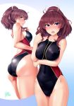  8000 ass black_swimsuit blue_eyes blush brown_hair commentary_request competition_swimsuit cowboy_shot konohana_suzuka long_hair looking_at_viewer multiple_views one-piece_swimsuit ponytail swimsuit toji_no_miko white_background 