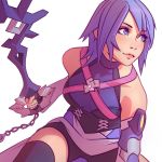  aqua_(kingdom_hearts) bare_shoulders bike_shorts black_legwear blue_eyes blue_hair blush detached_sleeves fingerless_gloves gloves halterneck ilya_kuvshinov keyblade kingdom_hearts kingdom_hearts_birth_by_sleep lips short_hair shorts shorts_under_skirt showgirl_skirt simple_background smile solo thighhighs weapon white_background 