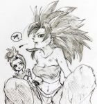 bare_shoulders black_eyes black_hair caulifla dirty dirty_clothes dirty_face dragon_ball dragon_ball_super earrings happy jewelry kale_(dragon_ball) looking_away monochrome multiple_girls ponytail profile short_hair simple_background sitting smile speech_bubble spiked_hair tank_top tkgsize translation_request upper_body 