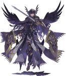  armor armored_dress black_wings cape feather_trim feathered_wings floating gauntlets greaves helmet hrist_valkyrie long_hair looking_at_viewer official_art ornate_armor red_eyes shield solo sword valkyrie_profile valkyrie_profile_anatomia weapon wings 