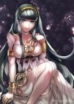  armlet bangs bracelet breasts bubble choker cleopatra_(fate/grand_order) closed_mouth collarbone dress earrings eyebrows_visible_through_hair eyeliner fate/grand_order fate_(series) feet_out_of_frame fingernails green_eyes green_hair hairband highres hoop_earrings jewelry legs long_dress long_hair looking_at_viewer makeup medium_breasts necklace noppyokko ring sitting sleeveless sleeveless_dress smile solo thumb_ring twitter_username very_long_hair white_choker white_dress 
