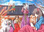  5girls blouse blue_sky cherry_blossoms chinese_zodiac closed_eyes cloud cloudy_sky day dog flower g11_(girls_frontline) girls_frontline hair_flower hair_ornament hanbok hk416_(girls_frontline) hug korean_clothes korean_traditional_hair_ornament looking_up multiple_girls puppy scar scar_across_eye sky surprised temple tree twintails ump40_(girls_frontline) ump45_(girls_frontline) ump9_(girls_frontline) year_of_the_dog 