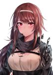  absurdres bangs blue_jacket blush brown_hair cizzi closed_mouth earpiece eyebrows_visible_through_hair framed_breasts girls_frontline gloves grey_scarf hair_between_eyes hair_ribbon hairband handband headset highres index_finger_raised jacket js_9_(girls_frontline) long_hair looking_at_viewer low_ponytail mechanical_arm mole mole_under_eye multiple_straps red_eyes ribbon scarf sidelocks solo strap tied_hair underbust upper_body very_long_hair white_background white_hairband white_ribbon 