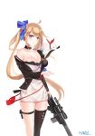  absurdres ahoge animal assault_rifle bag battle_rifle black_choker black_jacket blue_eyes blue_ribbon breasts brown_hair choker cleavage closed_mouth collarbone dress eyebrows_visible_through_hair fal_(girls_frontline) feet_out_of_frame ferret fn_fal girls_frontline gun hair_ribbon hamul handbag highres holding holding_gun holding_weapon jacket large_breasts legs long_hair ribbon rifle shiny shiny_hair solo standing thigh_strap thighhighs thighs weapon 