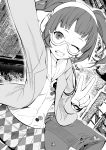  absurdres apocalipsejack black_hair caligula_(game) glasses greyscale headphones highres kantai_collection looking_at_viewer monochrome morita_naruko mutsu_(kantai_collection) mutsu_(snail) one_eye_closed open_mouth reaching_out self_shot smile smol_nozomi solo sweater v 