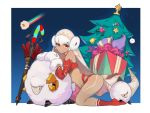  absurdres altera_(fate) altera_the_santa animal bare_shoulders bell choker christmas_tree closed_mouth dark_skin detached_sleeves earmuffs fate/grand_order fate_(series) gift gloves head_tilt headdress highres leg_tattoo legs looking_to_the_side midriff navel photon_ray rainbow red_eyes red_footwear revealing_clothes sheep shiny shiny_skin short_hair smile socks solo stomach tan tattoo thighs veil warum white_hair 