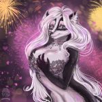  2018 anthro big_breasts bra breasts canine clothed clothing digital_media_(artwork) dog fan_character female fireworks fox fur gem hair hi_res holidays lace lingerie long_hair looking_at_viewer mammal mdwines nude open_mouth party simple_background smile solo standing underwear white_hair 