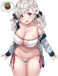  ass_visible_through_thighs bangs bare_shoulders bikini black_ribbon blush breasts cleavage collarbone commentary cowboy_shot curvy eyebrows_visible_through_hair food girls_frontline hair_ribbon highres jacket large_breasts long_hair looking_at_viewer navel open_mouth red_eyes ribbon shiny shiny_skin side-tie_bikini silver_hair simple_background solo spas-12_(girls_frontline) spoken_food stomach swept_bangs swimsuit symbol_commentary tem10 thighs twintails white_background white_bikini white_jacket 