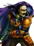  armor black_eyes black_hair cape cayenne_garamonde closed_mouth facial_hair final_fantasy final_fantasy_vi frown gauntlets gogo_(pixiv47445) gold_trim left-handed long_hair looking_to_the_side male_focus mustache old_man ponytail purple_cape ready_to_draw samurai solo standing sword weapon wrinkled_skin 