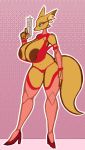  anthro areola big_breasts blue_eyes breasts canine clothed clothing female fox gradient_background gun hand_on_hip mammal nipples pink_background pose r-mk ranged_weapon simple_background solo stripper thick_thighs weapon 