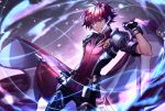  aura bad_id bad_pixiv_id bracelet cloak elsword elsword_(character) fingerless_gloves gloves highres holding holding_weapon jewelry jtlo123412 knight_emperor_(elsword) male_focus red_hair shoulder_armor smile sword sword_hilt weapon 