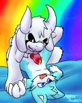  asriel_dreemurr bed blue_eyes blue_fur blue_nose cyan_fox_cody fur knot male male/male one_eye_closed open_mouth penis precum rainbow_background simple_background undertale video_games 