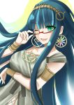  armlet bangs bracelet breasts cleavage cleopatra_(fate/grand_order) collarbone dress earrings eyebrows_visible_through_hair fate/grand_order fate_(series) glasses green_eyes green_hair grey_dress hairband highres hoop_earrings jewelry liu_liu long_hair medium_breasts necklace one_eye_closed open_mouth ring simple_background sleeveless sleeveless_dress solo very_long_hair 