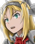  admiral_paru blonde_hair blue_eyes blush brooch close-up commentary eyebrows_visible_through_hair headband highres jewelry kantai_collection nelson_(kantai_collection) open_mouth white_background white_uniform 