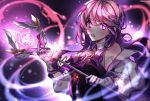  aisha_(elsword) armpits aura bad_id bad_pixiv_id elsword eyebrows_visible_through_hair highres holding holding_weapon jtlo123412 magic_circle open_mouth purple_eyes purple_hair staff symbol weapon wings 