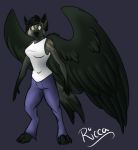  2016 amocin anthro breasts claws clothed clothing digital_media_(artwork) feathered_wings feathers female fur hair mammal ricca_(amocin) simple_background solo wings 