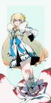  blonde_hair blue_eyes blush elsword eve_(elsword) facial_mark fur-trimmed_jacket fur_trim gloves hair_ornament highres jacket long_hair long_sleeves ribbon simple_background white_footwear white_gloves zhang492382336 