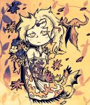  abstract bare_shoulders blonde_hair blue_flower cape circlet closed_mouth detached_sleeves dragon earrings final_fantasy final_fantasy_vi flower frown hatching_(texture) jewelry long_hair petals setz sketch solo tina_branford white_cape yellow_eyes yellow_flower 