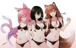  :p ;d absurdres animal_ears arm_behind_back asui_tsuyu bikini black_bikini black_eyes black_hair blazblue boku_no_hero_academia breasts brown_hair cat_ears cat_tail commentary commission crossover english_commentary erospanda eyebrows_visible_through_hair fangs glasses gradient gradient_background hair_ribbon highres holo kokonoe long_hair looking_at_viewer medium_breasts multiple_girls multiple_tails navel one_eye_closed open_mouth pink_background pink_hair ponytail red_eyes ribbon semi-rimless_eyewear side-tie_bikini signature small_breasts smile spice_and_wolf swimsuit tail tongue tongue_out under-rim_eyewear white_background wolf_ears wolf_tail yellow_eyes yellow_ribbon 