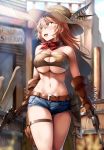  bandeau bangs bare_shoulders barrel belt blonde_hair blue_eyes blush breasts brown_gloves center_opening character_request cleavage cleavage_cutout collarbone commentary_request covered_nipples day denim denim_shorts dual_wielding elbow_gloves gloves gun hair_between_eyes handgun hat hat_feather highres hips holding holding_gun holding_weapon holster large_breasts lolicept long_hair looking_to_the_side navel open_mouth outdoors red_neckwear revolver short_shorts shorts smile solo sound_project_siva sunlight thigh_strap thighs underboob weapon 