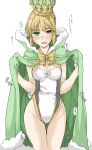  artoria_pendragon_(all) artoria_pendragon_(swimsuit_archer) ass_visible_through_thighs blonde_hair blush breasts cape cleavage colored_eyelashes commentary crown elf_(stroll_in_the_woods) eyebrows_visible_through_hair fate/grand_order fate_(series) fur-trimmed_cape fur_trim green_eyes groin highres legs medium_breasts one-piece_swimsuit solo sweatdrop swimsuit thigh_gap thighs translated white_background 
