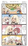  &gt;_&lt; 5girls =_= ark_royal_(kantai_collection) bare_shoulders bismarck_(kantai_collection) blonde_hair blush braid camera capelet comic commentary crown detached_sleeves dress flying_sweatdrops food french_braid graf_zeppelin_(kantai_collection) hair_between_eyes hairband highres holding holding_camera jitome kantai_collection long_hair long_sleeves low_twintails megahiyo military military_uniform mini_crown multiple_girls no_gloves no_hat no_headwear off-shoulder_dress off_shoulder open_mouth prinz_eugen_(kantai_collection) pushing_away pushing_face red_hair short_hair sidelocks smile speech_bubble tiara translated twintails twitter_username uniform warspite_(kantai_collection) white_dress 