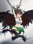  arms_up bed_sheet black_legwear black_wings blush bow breasts brown_hair cato_(monocatienus) chain commentary cuffs glaring green_bow green_skirt hair_between_eyes hair_bow hair_spread_out large_breasts long_hair looking_at_viewer lying navel no_shoes on_back red_eyes reiuji_utsuho restrained scowl shirt skirt solo thighhighs torn_clothes torn_legwear torn_shirt torn_skirt touhou v-shaped_eyebrows very_long_hair white_shirt wings zettai_ryouiki 